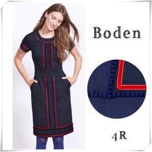 Boden Edith Blue Red Velvet Trim Shift Dress Navy Blue with Red Size 4 Regular
